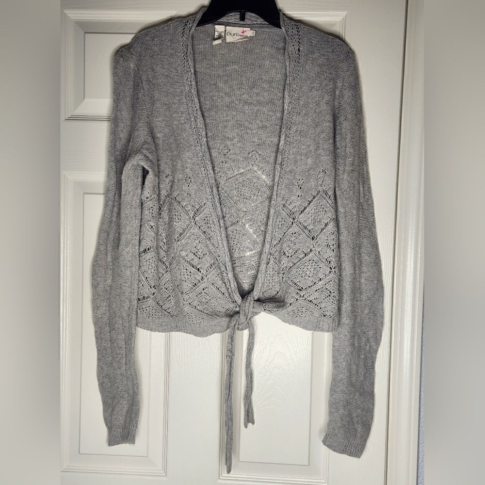 Pure DKNY  M/L Gray Lngslvs Knitted Tie WOOL CASHMERE Women’s Opened Cardigan